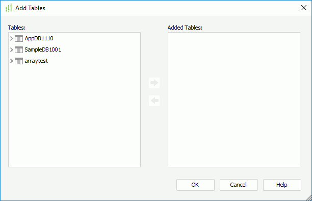 Add Tables dialog box - MongoDB connection